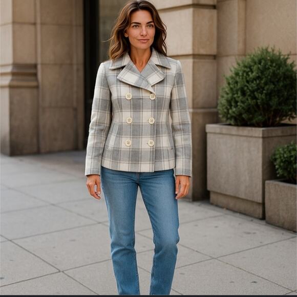 Old Navy Cream Blue Grey Plaid Double Breasted Lined Collar Pocketed Pea Coat XS - Picture 1 of 11